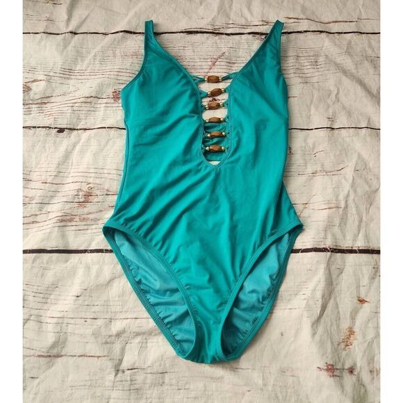 Bleu Rod Beattie Parade Found Plunge Beaded One Piece Swimsuit Size 8 - Picture 4 of 7